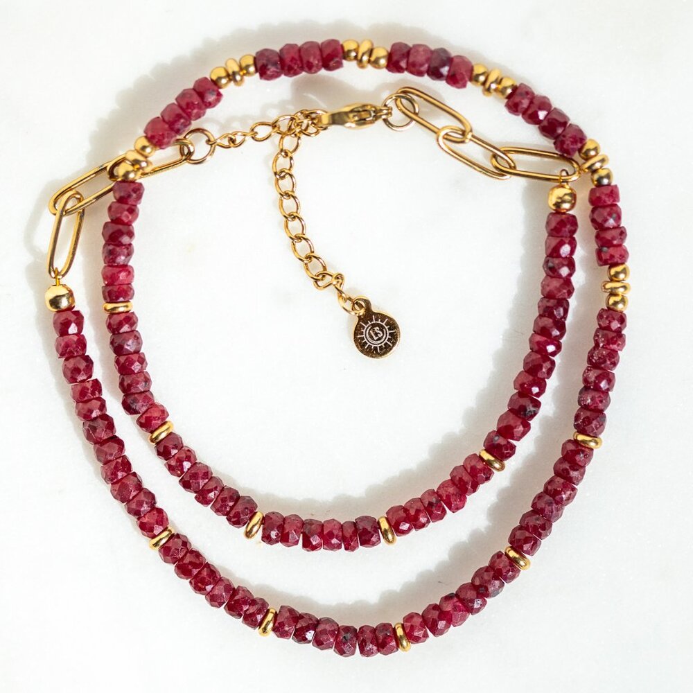 Ruby Beaded Necklace Gold Waterproof Chain July Birthstone Ruby Gemstone Jewelry